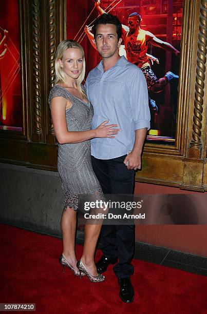 Jessica Napier and David Adler arrive at the official opening night of Dein Perry's Tap Dogs at Capitol Theatre on January 5, 2011 in Sydney,...