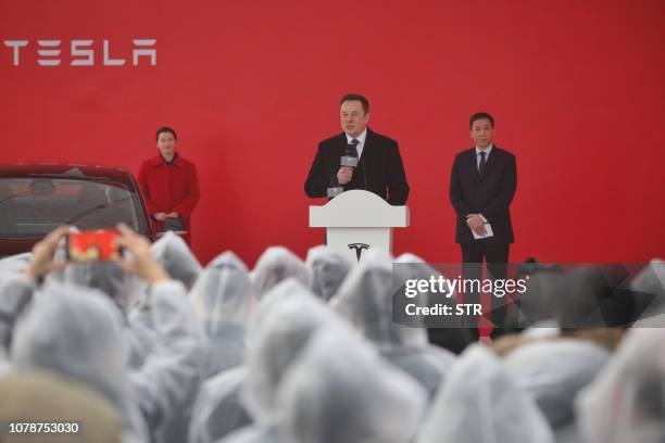 Tesla boss Elon Musk speaks during the ground-breaking ceremony for a Tesla factory in Shanghai on January 7, 2019. - Musk presided over the...