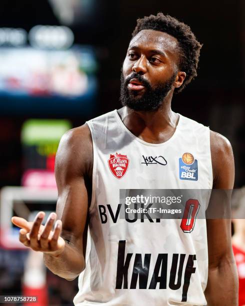 Gabriel Olaseni of s.Oliver Wuerzburg gestures during the game between FC Bayern Muenchen and s.Oliver Wuerzburg at the Audi Dome on December 26,...