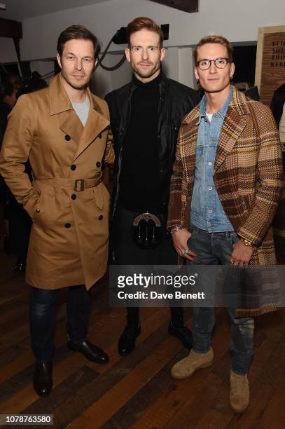 Paul Sculfor, Craig McGinlay and Oliver Proudlock attend the Belstaff presentation during London Fashion Week Men's January 2019 at Belstaff House on...
