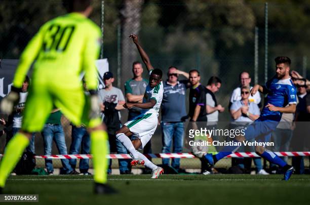 Denis Zakaria of Borussia Moenchengladbach and Jan Kirchhoff of 1. FC Magdeburg battle for the ball during the friendly match between Borussia...