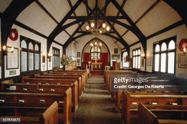 The chapel at Ludgrove School, Berkshire, November 1989. An independent preparatory boarding school, its alumni include Princes William and Harry of...
