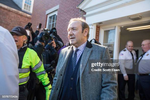 Actor Kevin Spacey leaves Nantucket District Court after being arraigned on sexual assault charges on January 7, 2019 in Nantucket, Massachusetts.