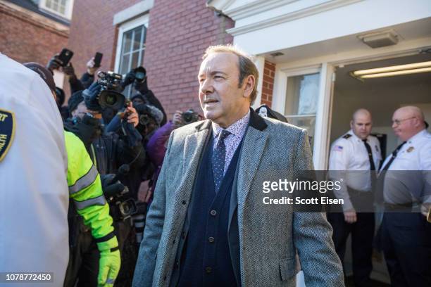 Actor Kevin Spacey leaves Nantucket District Court after being arraigned on sexual assault charges on January 7, 2019 in Nantucket, Massachusetts.