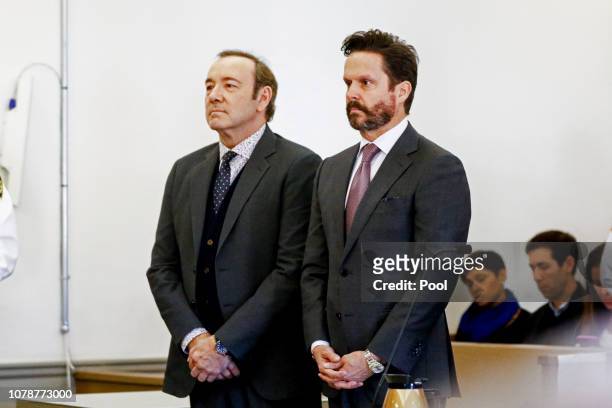 Actor Kevin Spacey attends his arraignment on sexual assault charges with his lawyer Alan Jackson at Nantucket District Court on January 7, 2019 in...