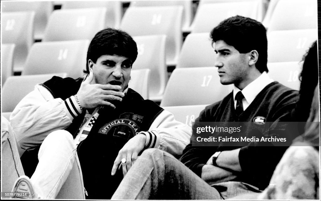 Brothers Mario and Stephen Fenech in the Grandstand of the new Sydney Football stadium watching the Reserve Grade Souths vs Wests game.
