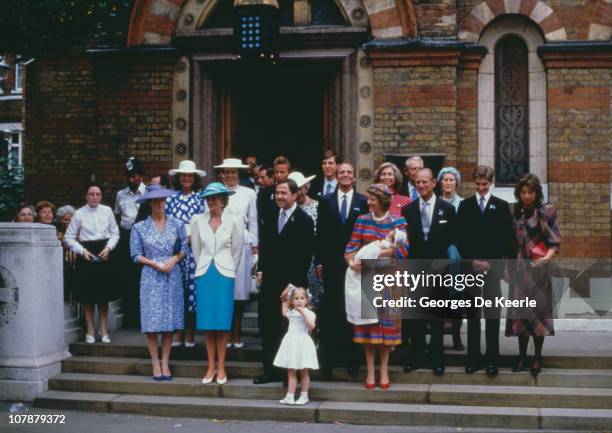 Royals attend the christening of Prince Philippos of Greece in London, 10th July 1986. Present are the baby's parents, King Constantine and Queen...