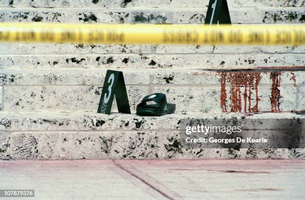 The steps of the Miami Beach home of Italian fashion designer Gianni Versace, shortly after his murder, Florida, 15th July 1997.