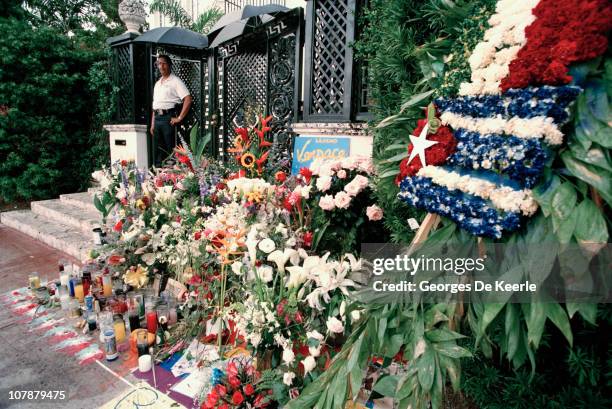 Floral tributes after the murder of Italian fashion designer Gianni Versace outside his Miami Beach home, Florida, July 1997.