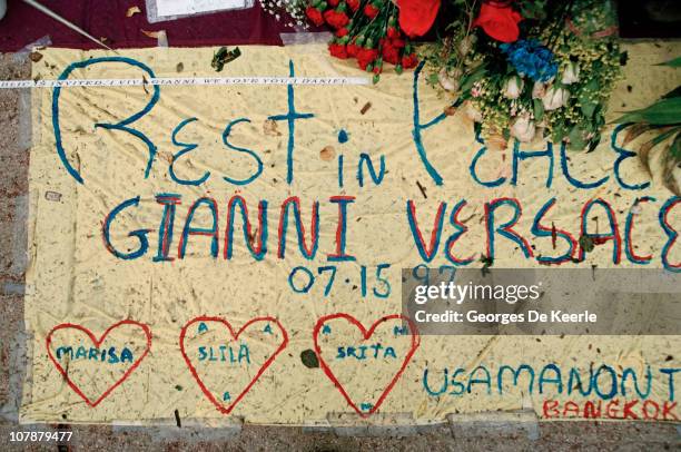 Tributes left by fans after the murder of Italian fashion designer Gianni Versace outside his Miami Beach home, Florida, July 1997.