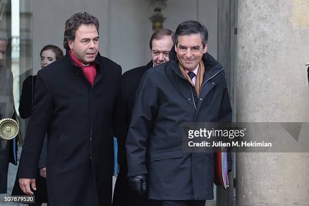 Prime Minister Francois Fillon and Minister of National Education, Youth and Community Life Luc Chatel leave the first weekly cabinet meeting of the...