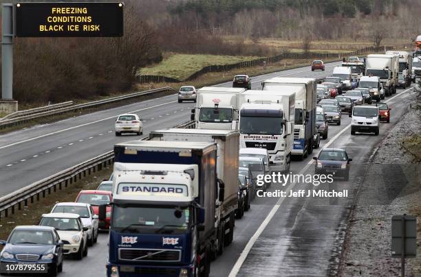 Traffic queues on the M8 motorway at Harthill following its closure because of black ice on January 5, 2011 in Livingston, Scotland. Major delays...