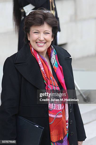 Minister for Social Cohesion Roselyne Bachelot leaves the French Ministry of Interior at Place Beauvau to attend the first weekly cabinet meeting of...