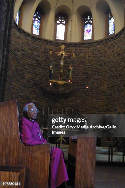March 2003: Archbishop Desmond Tutu seated in the church at the TRC's last church service held on Pretoria, South Africa, on 21 March 2003.