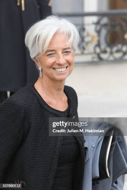 French Minister of Economy, Finance and Industry Christine Lagarde leaves the first weekly cabinet meeting of the new year on January 5, 2011 in...