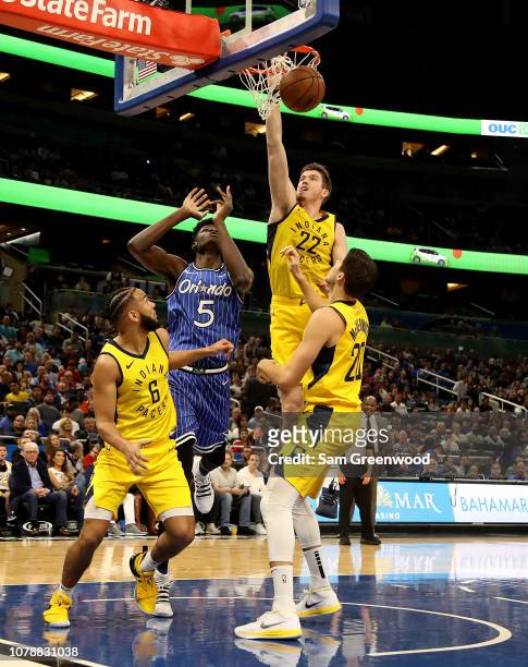 Leaf of the Indiana Pacers attempts a rebound during the game against the Orlando Magic at Amway Center on December 07, 2018 in Orlando, Florida....