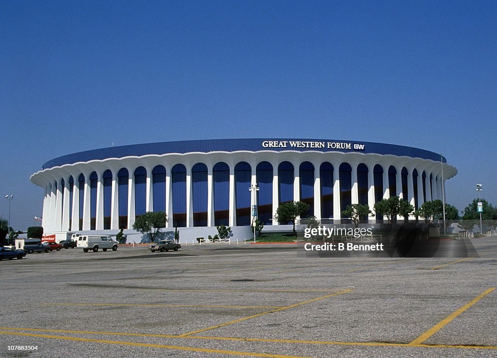 An exterior, general view of the Great Western Forum circa 1990 in