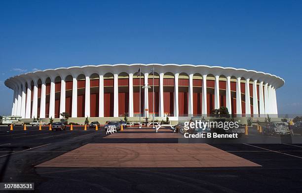 An exterior, general view of the Forum from September, 1974 in Inglewood, California.