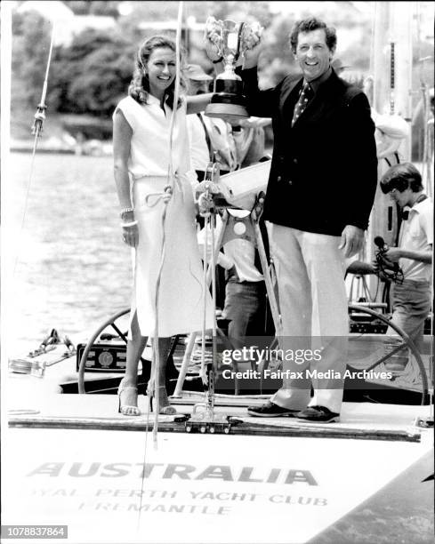 Mrs. Jill Wran and Mr. Jim Hardy with the Quantas Cup after the presentation. Presentation of the Quantas Cup to Jim Hardy and the crew of Australia,...