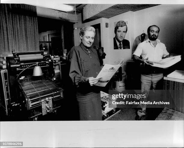 Liberal party headquarters in Anchor House, Bronwyn Bishop reading liberal party newspaper with printer in pix Hugh Fitzpatrick. August 4, 1986. .