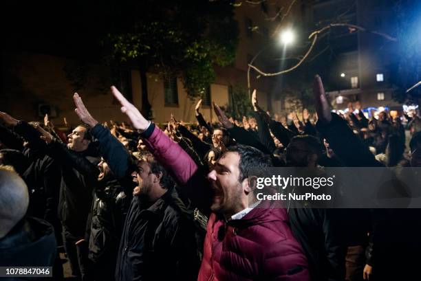 Casapound far-right wing militants do the Nazi salute in front of former MSI party branch during the 41st anniversary of Acca Larentia killings in...