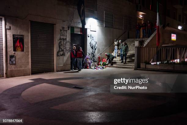 Fascist symbol known as 'Celtic Cross' is painted outside former MSI party branch before the 41st anniversary of Acca Larentia killings in Rome,...