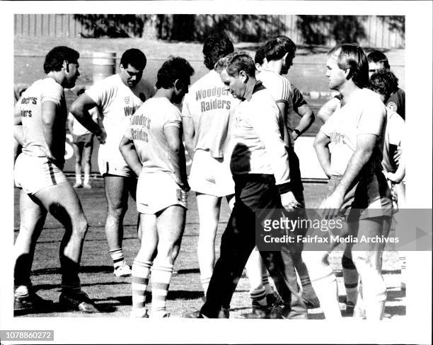 Canberra raiders training at Queanbeyan. Raiders coach Don Furner walks through players. August 22, 1987. .