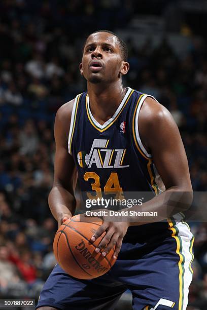 Miles of the Utah Jazz prepares for a free throw during the game against the Minnesota Timberwolves on December 22, 2010 at Target Center in...