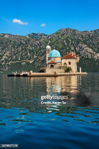 our lady of the rocks, an artificial island, with the roman catholic church of our lady of the rocks, perast, montenegro - our lady of the rocks stock pictures, royalty-free photos & images