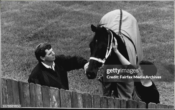 Golden Slipper Hopefuls".Trainer Ross McDonald and strapper Stephen Smiley with 'Corteza' at Randwick. March 16, 1989. .