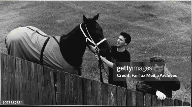 Golden Slipper Hopefuls".Trainer Ross McDonald and strapper Stephen Smiley with 'Corteza' at Randwick.Owner Nick Columb likes to stay in touch with...