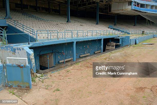 View of the visiting team dugout of Tiger Stadium, the former home of the Detroit Tigers and Detroit Lions, during partial demolition performed by a...