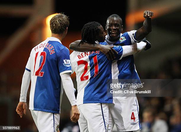 Benjani of Blackburn Rovers celebrates after scoring during a Barclays Premier league match betweem Blackburn Rovers and Liverpool at Ewood park on...