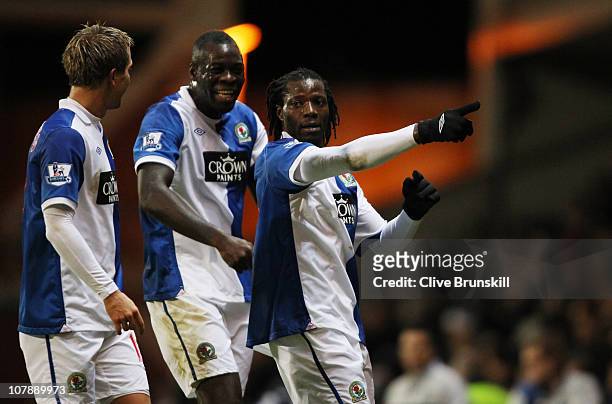 Benjani of Blackburn Rovers celebrates after scoring during a Barclays Premier league match betweem Blackburn Rovers and Liverpool at Ewood park on...