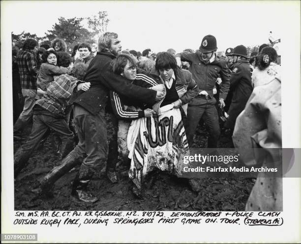 Demonstrators &amp; Police clash outisde Rugby park, during Springboks first game on tour. July 22, 1981. .