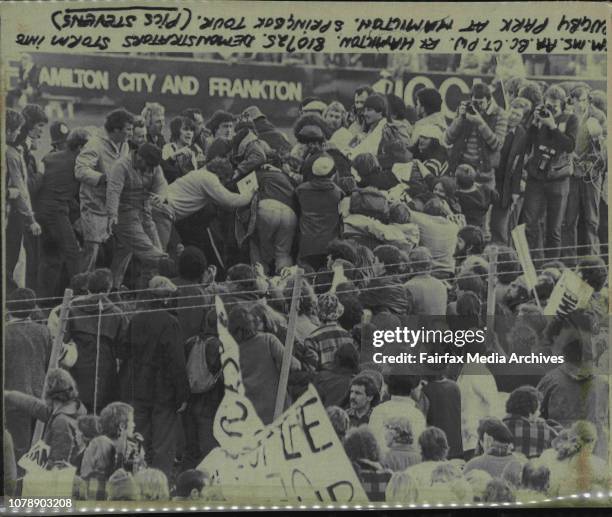 Demonstrators storm into Rugby Park at Hamilton Springbok tour. July 25, 1981. .
