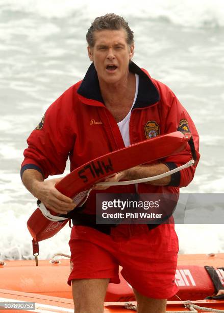 Star of Baywatch David Hasselhoff arrives for a promotion for the new "Splice Real Fruit" ice block at Mt Maunganui Main Beach on January 6, 2011 in...