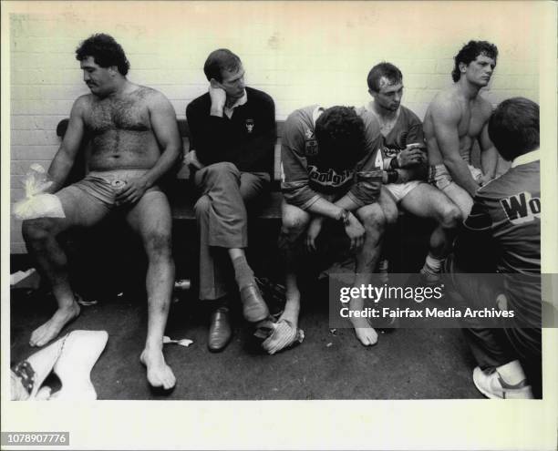 At SCG-semi-Easts Vs Canberra.Canberra Dressing Room L To R: Sam Backo, Wayne Bennett, Peter Jackson, Ivan Henjak, Walters.Canberra wanted to lead a...