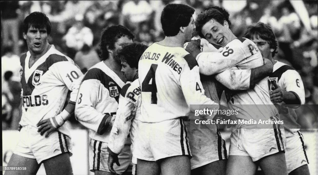 Rugby League.Saints versus Penrith at Kogarah.It was like this most of the afternoon at Kogarah Oval as St George players congratulate each other on one of six tries, this time second-rower Col Fraser after his second. The happy bunch is (from left) Pat J
