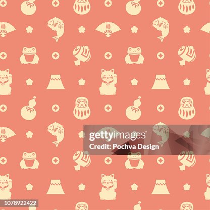 Japanese lucky charms silhouette icon seamless pattern Japanese lucky charms silhouette icon seamless pattern