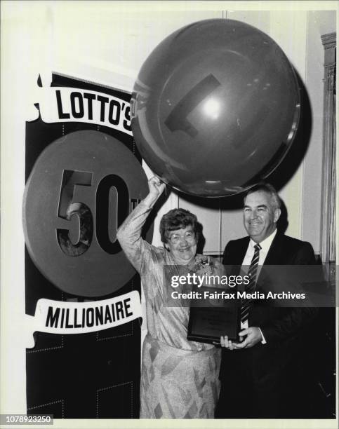 Karen Pini, on Behalf of Lotto, presented a gold plaque to Mrs. Phyllis McGregor at the intercontinental, Phillip St. City. May 22, 1986. .