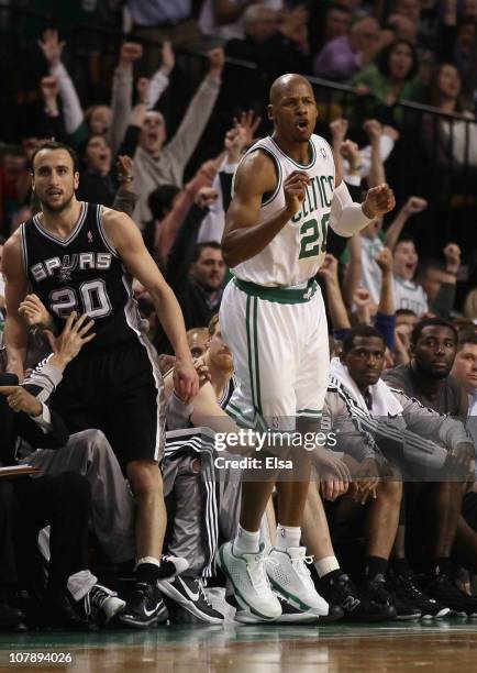 Ray Allen of the Boston Celtics celebrates his three point shot in the fourth quarter as Manu Ginobili of the San Antonio Spurs stands by on January...