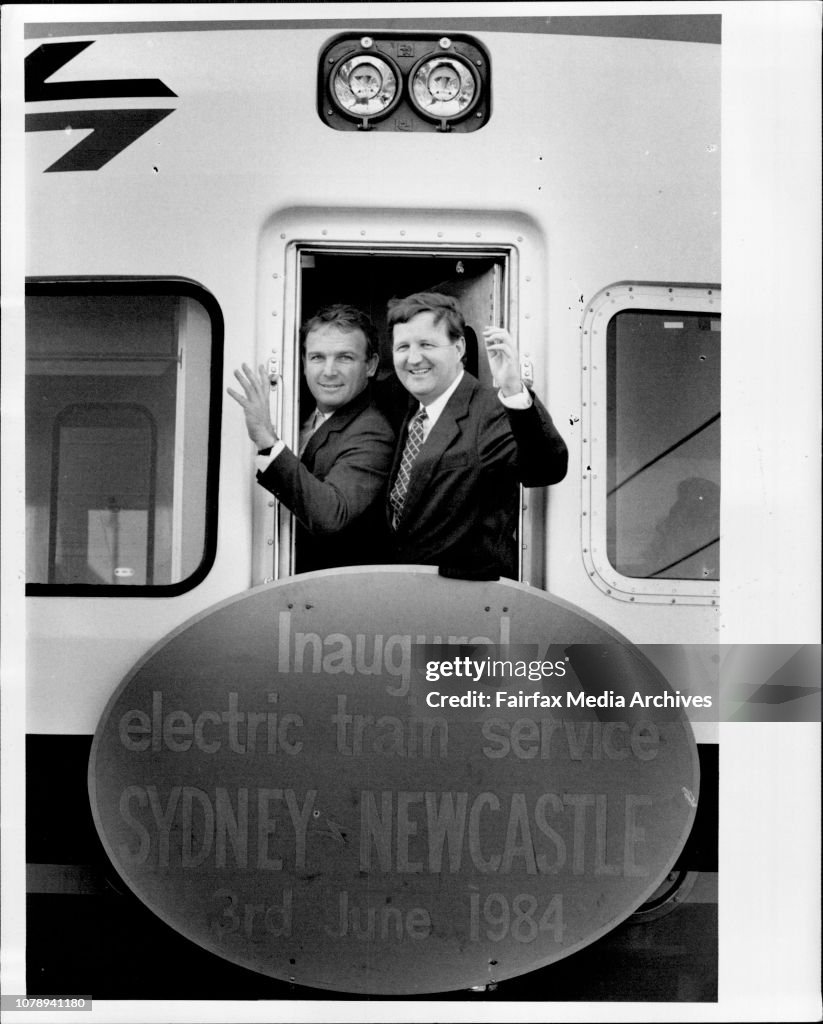 State Rail Authority Chief David Hill and minister for transport Mr. Barry ***** unsworth at the Departure of the Inaugural Electric Train service to Newscastle the train left from platform 9 central station at 12.15pm.