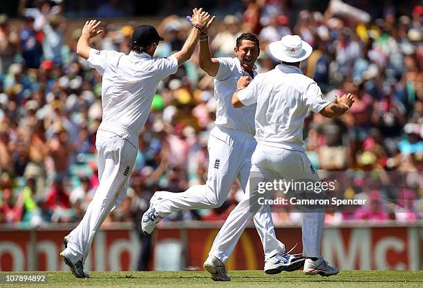 Tim Bresnan of England celebrates the wicket of Phil Hughes of Australia during day four of the Fifth Ashes Test match between Australia and England...