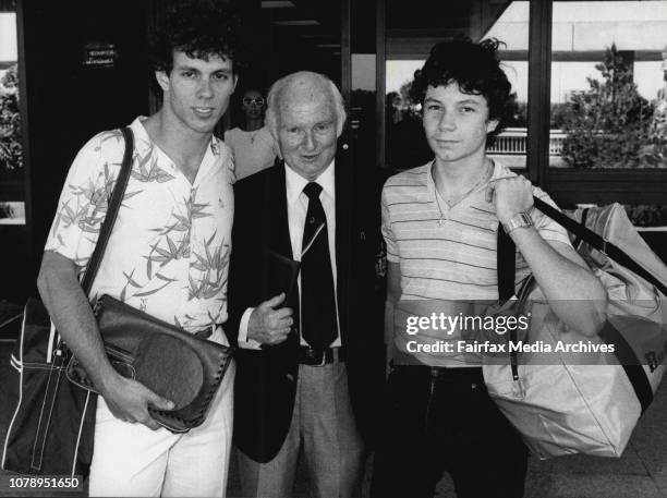 Members of the Australian table tennis team, and Manager.L to R: Greg Thomas Keith Bowler and Gary Haberl Left Sydney, for Bombay, to compete in the...