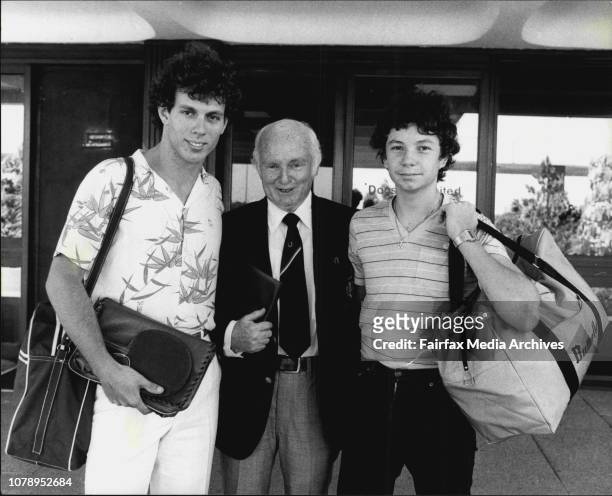 Members of the Australian table tennis team, and Manager.L to R: Greg Thomas Keith Bowler and Gary Haberl Left Sydney, for Bombay, to compete in the...