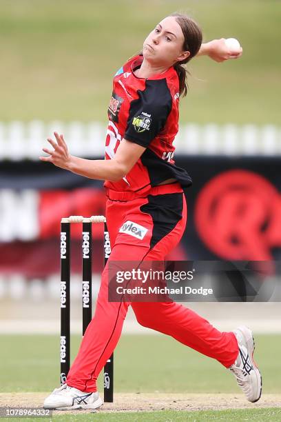 Tayla Vlaeminck of the Renegades bowls during the Women's Big Bash League match between the Melbourne Renegades and the Adelaide Strikers at...