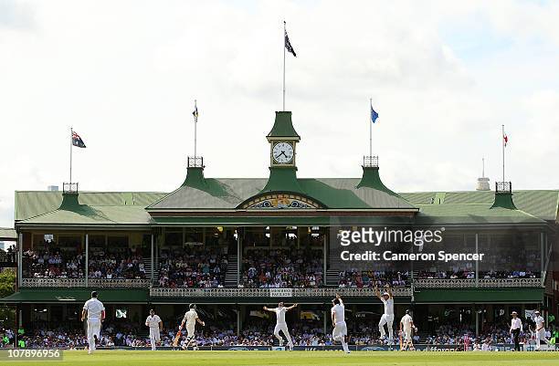 General view of the Member's Pavilion as James Anderson of England celebrates after dismissing captain Michael Clarke of Australia during day four of...