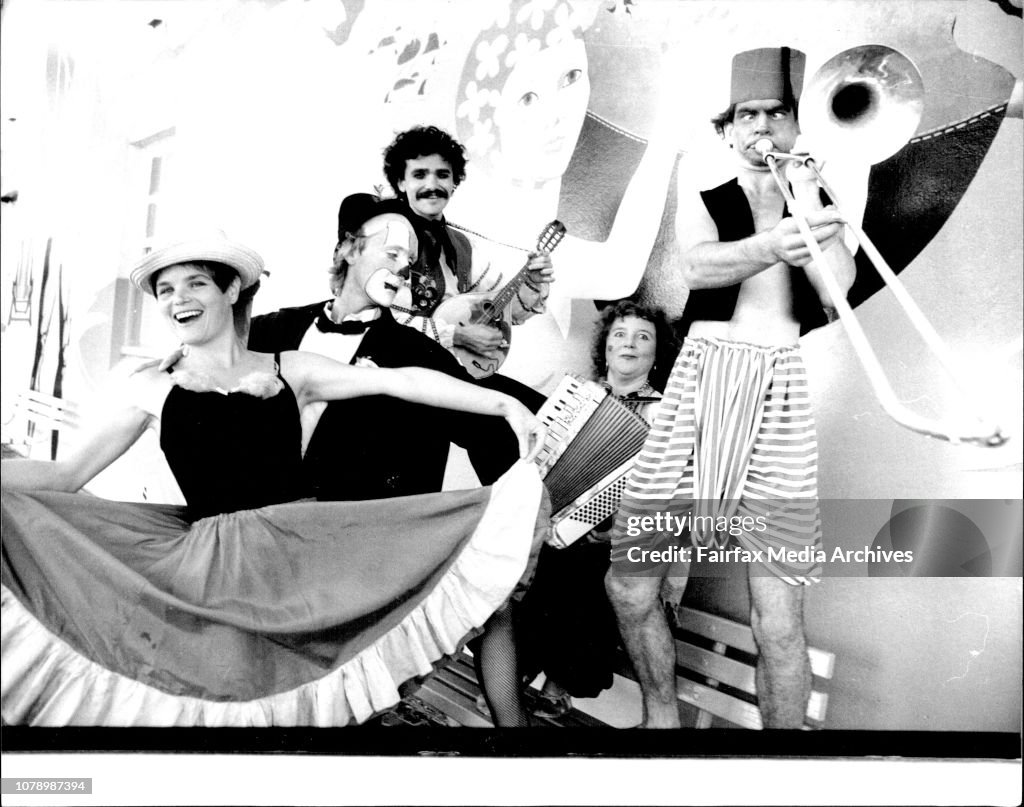 Pipi Storm -- Members of Pipi storm at the Bondi Pavilion today. (The members are: Bronwyn Vaughn (in skirt), Peter Winkler (ruffledshirt), Christine Shaw (accordian and crystal ball), Tom Kelly (Fez), and Brian Joyce (Dinner suit).Members of Pipi Storm,