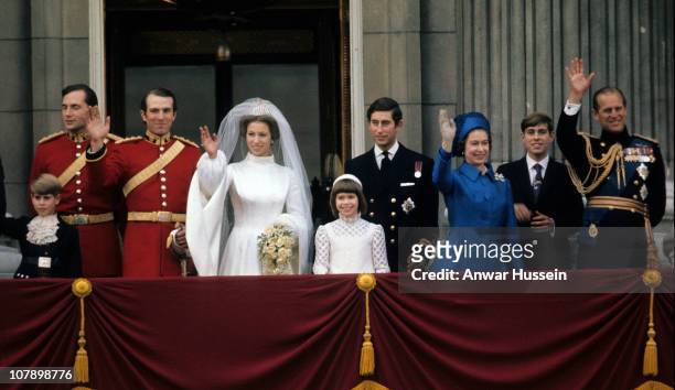 Princess Anne, Princess Royal and Mark Phillips wave from the balcony of Buckingham Palace following their wedding with Prince Edward, Earl of Wessex...